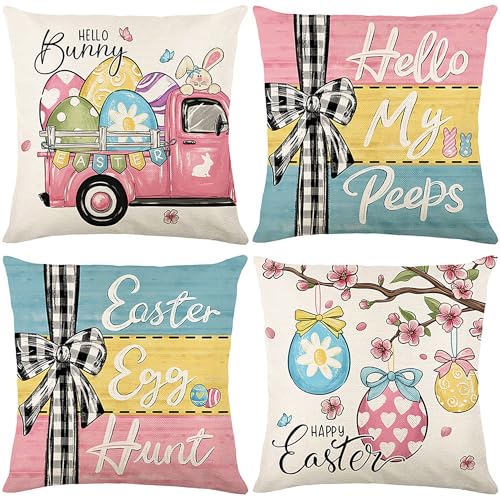 Ni-JASW Buffalo Plaid Easter Throw Pillow Covers 18 x 18 Inch Set of 4, Colorful Bunny Eggs Spring Pillow Cases for Couch Sofa Decor - Image 1
