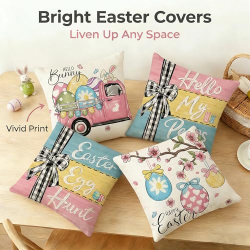 Ni-JASW Buffalo Plaid Easter Throw Pillow Covers 18 x 18 Inch Set of 4, Colorful Bunny Eggs Spring Pillow Cases for Couch Sofa Decor - Image 3