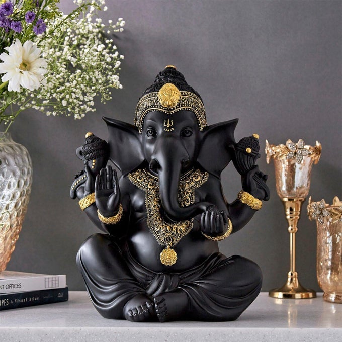 INDIA HANDCRAFTED POLYRESINE SITTING GANESHA FIGURINE MARBLE FINISH GANESHA IN ASHIRWAD MURDA POOJA GHAR GIFTING BLACK