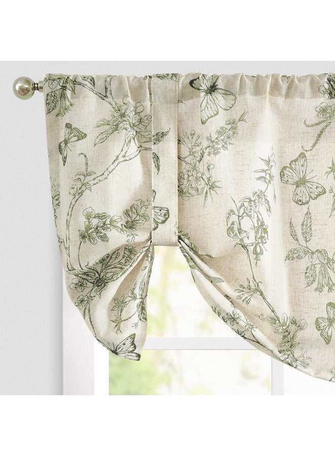 Lazzzy Kitchen Tie Up Valance Curtain Linen Floral Farmhouse Valance for Living Room Bathroom Bedroom Country Valance Window Treatments Small Cafe Curtian 18 Inch Rod Pocket 1 Panel Green on Beige - Image 1