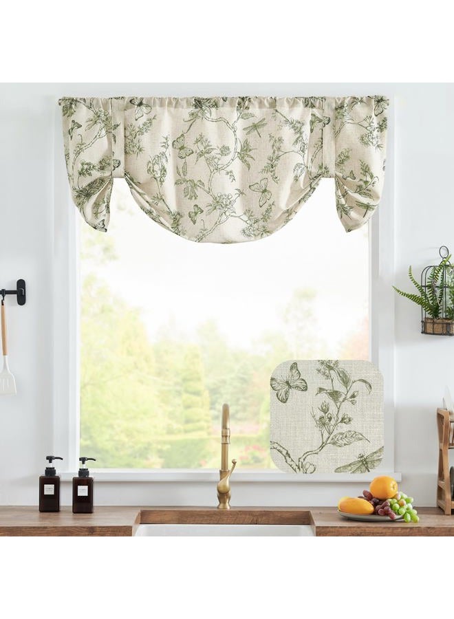 Lazzzy Kitchen Tie Up Valance Curtain Linen Floral Farmhouse Valance for Living Room Bathroom Bedroom Country Valance Window Treatments Small Cafe Curtian 18 Inch Rod Pocket 1 Panel Green on Beige - Image 2