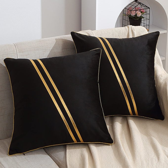 PACK OF 2 GOLD THROW PILLOW COVERS SOFT DECORATIVE LUXURY VELVET CUSHION COVERS PILLOW CASES WITH GOLD LEATHER FOR SOFA BEDROOM LIVINGROOM CAR 18 X 18 IN BLACK