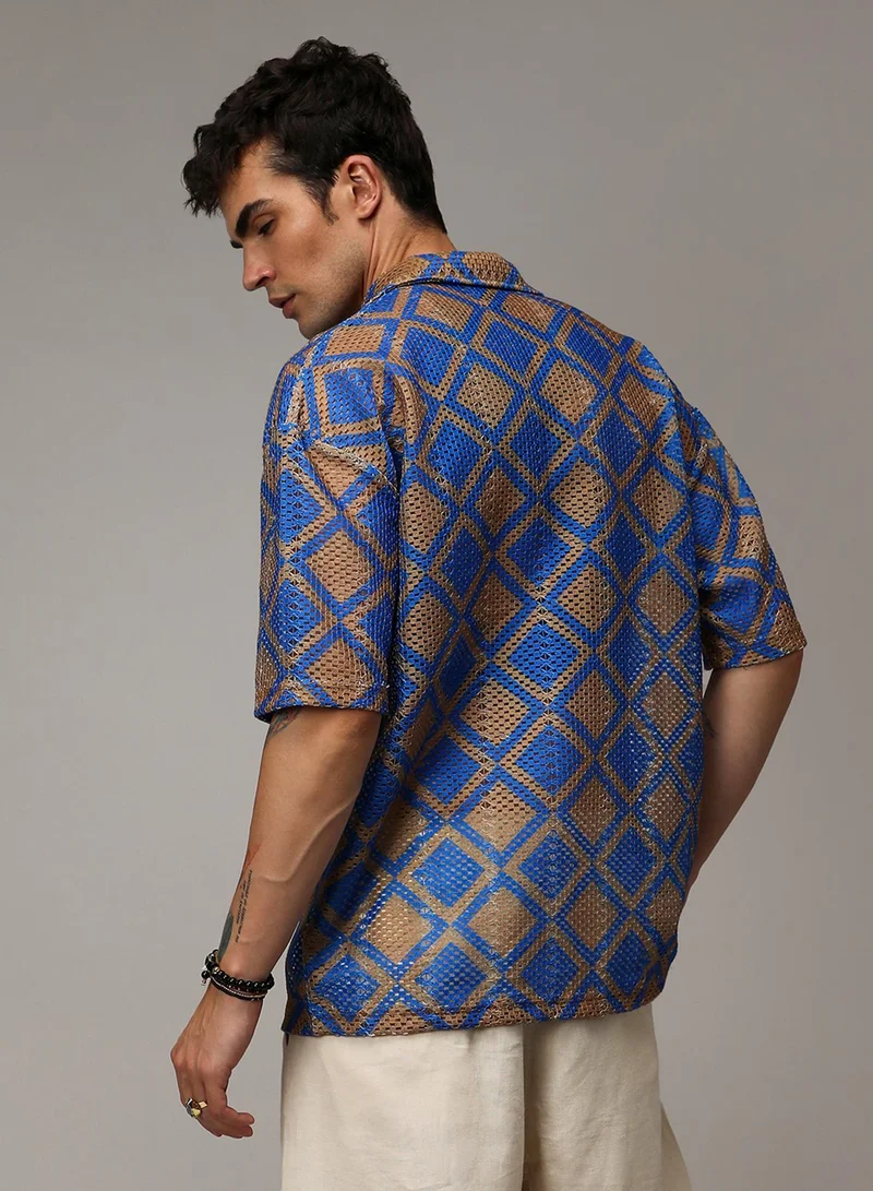Campus Sutra Campus Sutra Men's Royal Blue & Mocha Brown Geometric Block Oversized Shirt For Casual Wear | Spread Collar | Short Sleeve | Button Closure | Shirt Crafted With Comfort Fit For Everyday Wear
