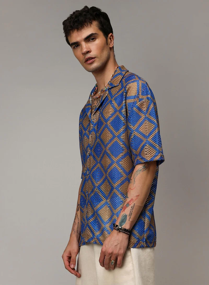 Campus Sutra Campus Sutra Men's Royal Blue & Mocha Brown Geometric Block Oversized Shirt For Casual Wear | Spread Collar | Short Sleeve | Button Closure | Shirt Crafted With Comfort Fit For Everyday Wear