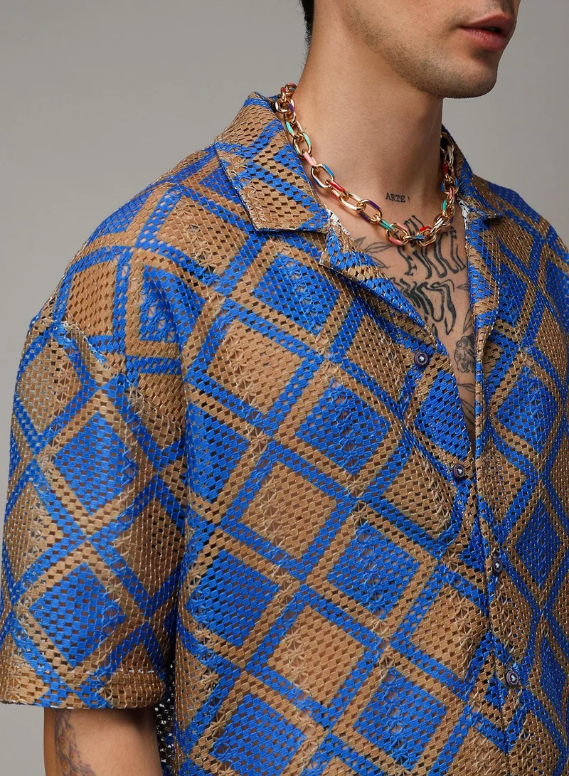 Campus Sutra Campus Sutra Men's Royal Blue & Mocha Brown Geometric Block Oversized Shirt For Casual Wear | Spread Collar | Short Sleeve | Button Closure | Shirt Crafted With Comfort Fit For Everyday Wear