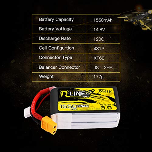 Tattu R-Line 14.8V 1550mAh 4S 120C Lipo Battery with XT60 Plug for FPV Racing Drones - Image 2