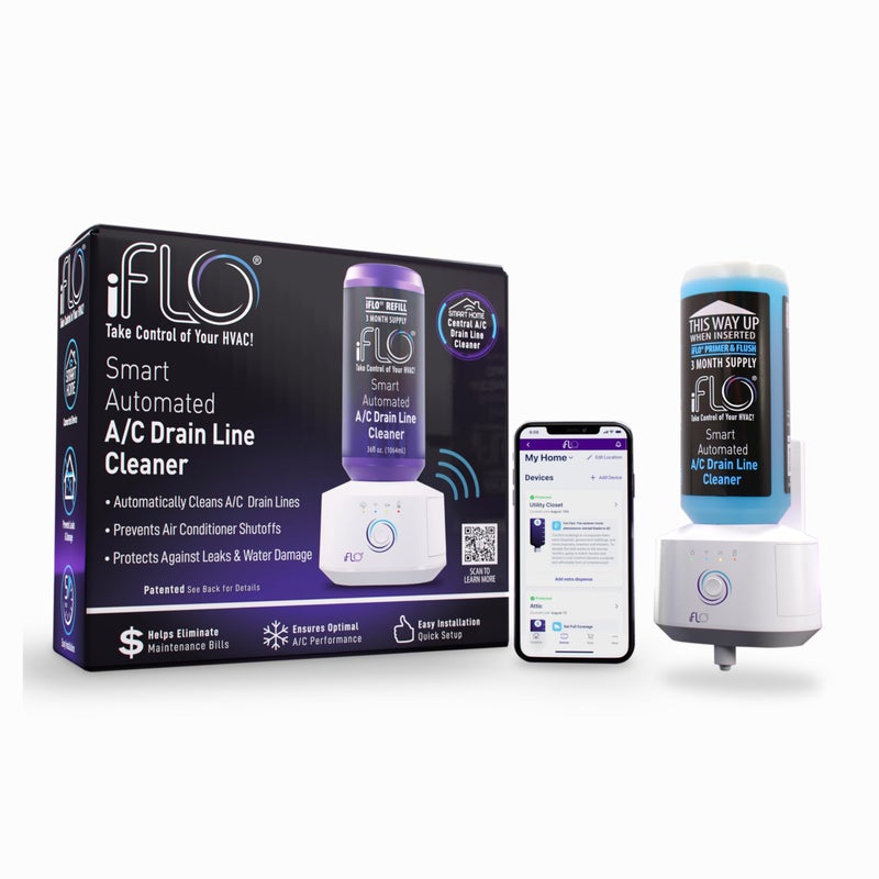iFLO® Smart Automated A/C Drain Line Cleaner for HVAC System, For Clog-Free, Easy Installation and App-Controlled Air Conditioner Maintenance, Includes 36oz Cleaner Cartridge, 3 Month Supply - Image 1