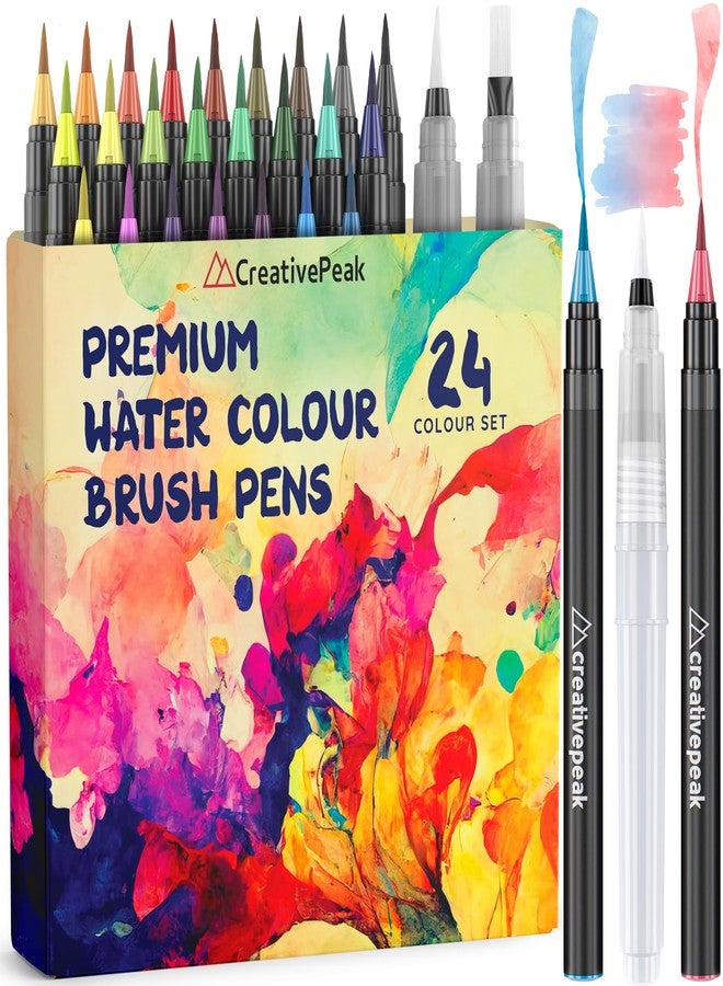 Creativepeak Watercolor Brush Pens - 24 Vibrant Soft Tip Coloring Markers with 2 Blending Brushes - Premium Art Supplies for Calligraphy, Lettering, Coloring & Journaling - Image 1