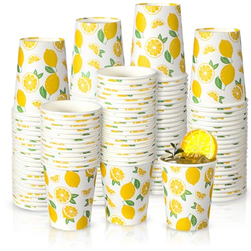 TecUnite 100 Pcs 9oz Lemon Cups Disposable Paper Yellow Cups for Lemonade Stand Decorative Party for Cold Hot Beverage Juice Kitchen Coffee Birthday Party Supplies