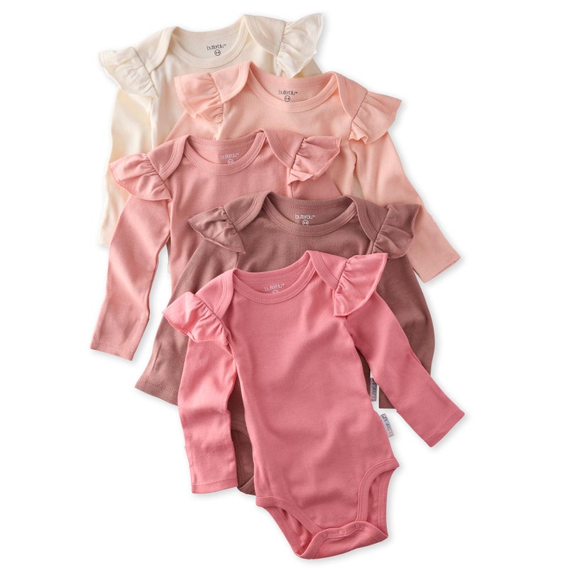 Butterblu Ashley 5-Pack Long Sleeve Ruffle Shoulder Bodysuits 100% Organic for Baby Girls, Sunset, 3-6 Months - Image 1