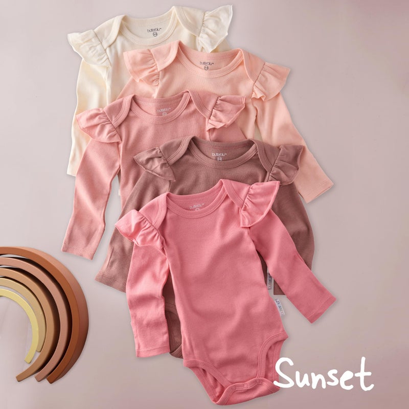 Butterblu Ashley 5-Pack Long Sleeve Ruffle Shoulder Bodysuits 100% Organic for Baby Girls, Sunset, 3-6 Months - Image 2