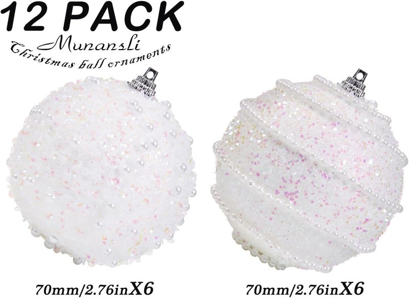 Munansli White Christmas Ball Ornaments, Christmas Ball Decorations Shatterproof Plastic Hanging Pearl Balls for Holiday Party(70mm/2.76", 12ct) - Image 5