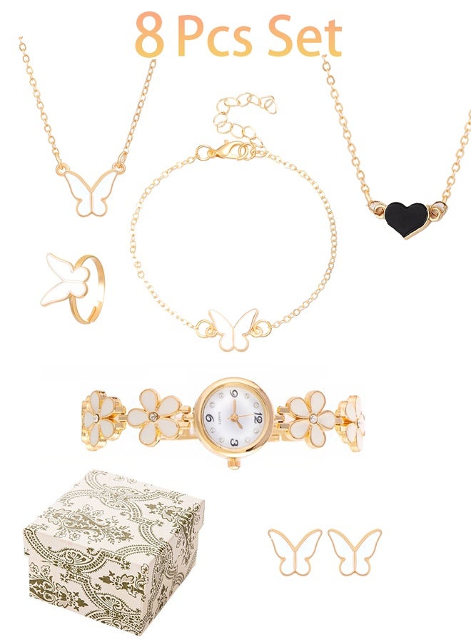 امريوريو طقم ساعات كوارتز ذهبية نسائية بسوار زهرة بيضاء مع مجوهرات الفراشة هدية أنيقة للفتيات والسيدات - Image 1