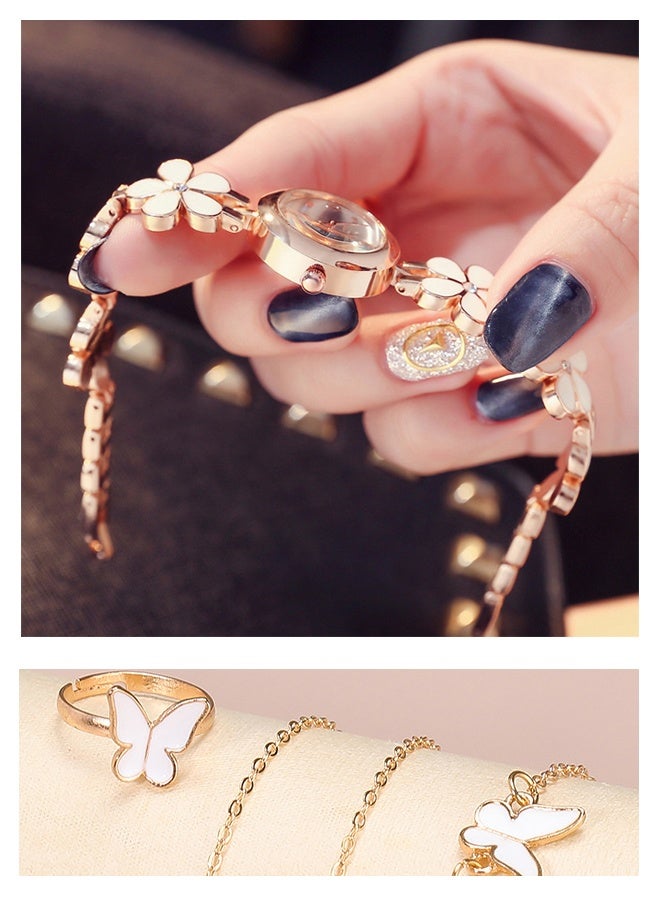 امريوريو طقم ساعات كوارتز ذهبية نسائية بسوار زهرة بيضاء مع مجوهرات الفراشة هدية أنيقة للفتيات والسيدات - Image 5