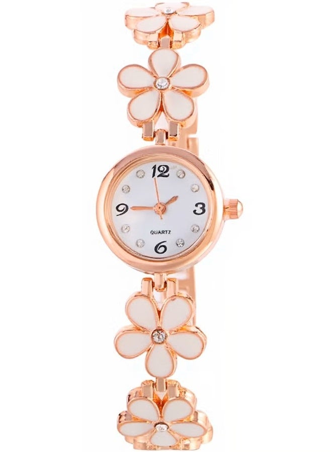 امريوريو طقم ساعات كوارتز ذهبية نسائية بسوار زهرة بيضاء مع مجوهرات الفراشة هدية أنيقة للفتيات والسيدات - Image 4
