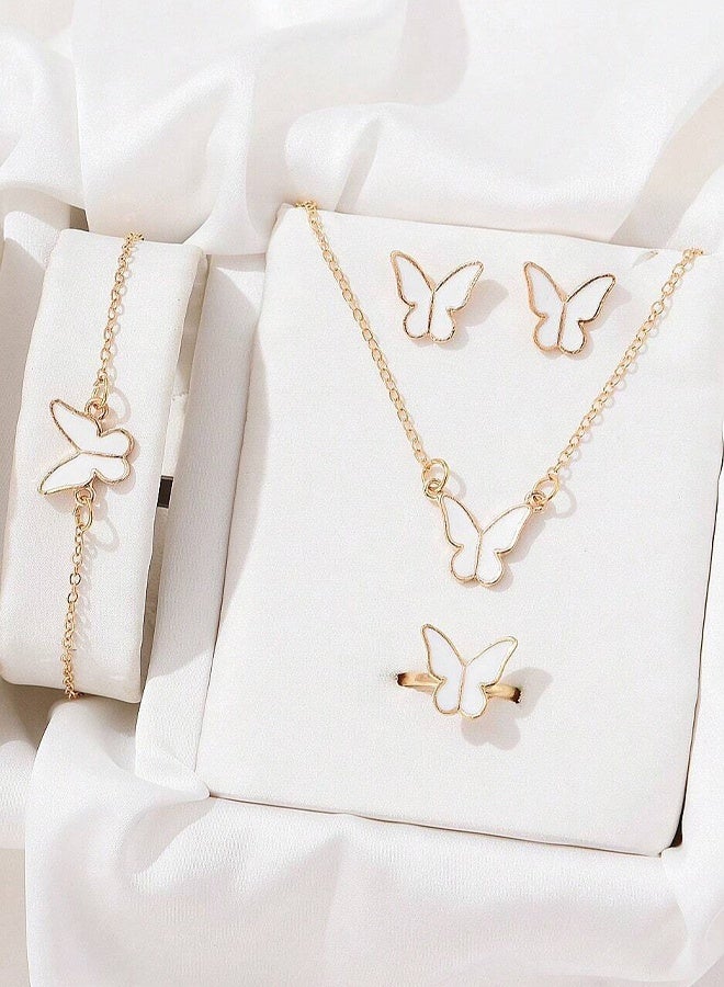 امريوريو طقم ساعات كوارتز ذهبية نسائية بسوار زهرة بيضاء مع مجوهرات الفراشة هدية أنيقة للفتيات والسيدات - Image 2