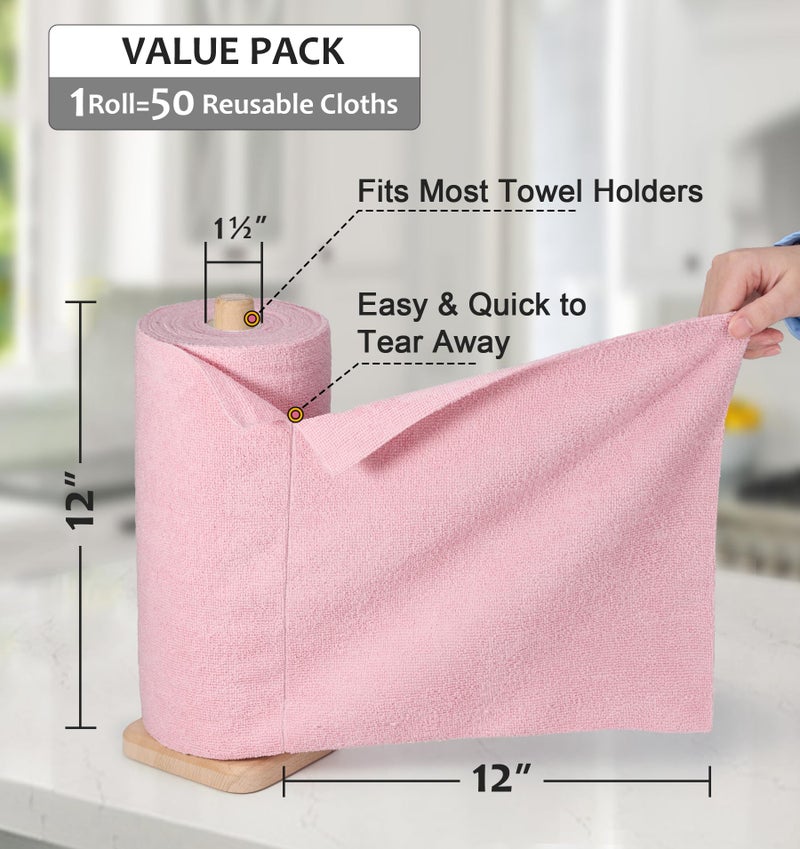 UPSTAR Microfiber Cleaning Cloth, Reusable Paper Towels Rolls, 50 Packs 12x12 inch Cleaning Rags for Washing Dishes, Kitchen, Bathroom, Car, Pink - Image 3