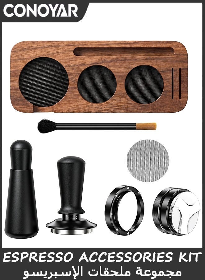 CONOYAR 7 PCS Espresso Accessories Kit,51mm Espresso Tamper Tools,WDT Tool Espresso Machine Accessories,Coffee Tamper with Wood Tamping Station,Distributor,Stirrer,Dosing Funnel,Brush,Puck Screen