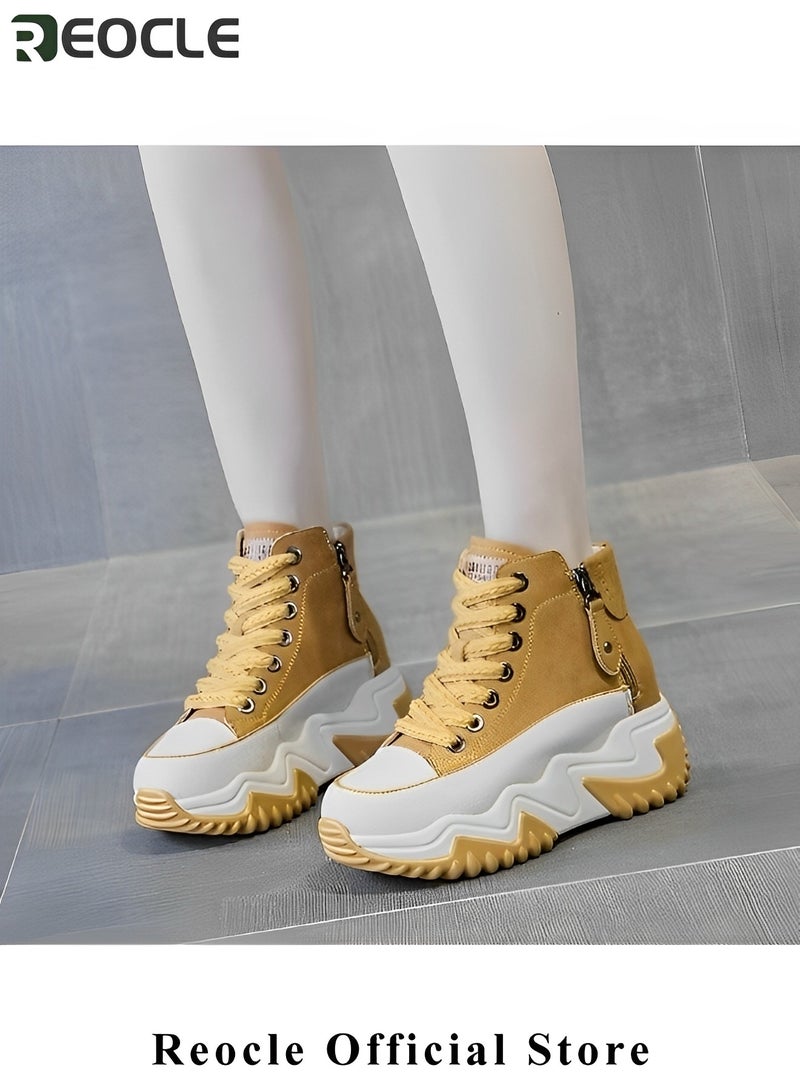 REOCLE Women's Chunky Sneakers Classic High Tops Canvas Shoes Casual Tennis Shoes Height Increasing  Shoes with Stabilizing Support - Image 3