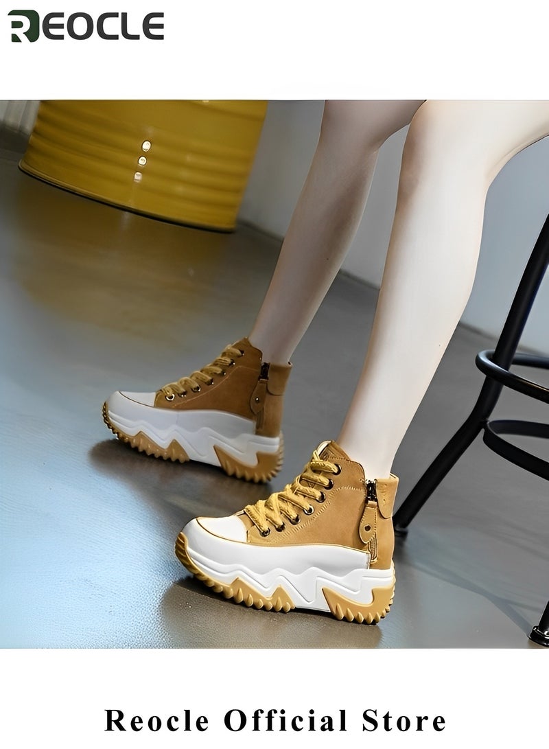 REOCLE Women's Chunky Sneakers Classic High Tops Canvas Shoes Casual Tennis Shoes Height Increasing  Shoes with Stabilizing Support - Image 2