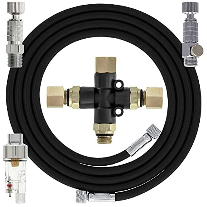 Master Airbrush Essential Accessories Kit with 6 ft. Braided Airbrush Hose, Mini Inline Filter, Quick Disconnect, Airflow Adjustment Couplers, and 3-Way Splitter Manifold 1/8" Fittings - Image 1