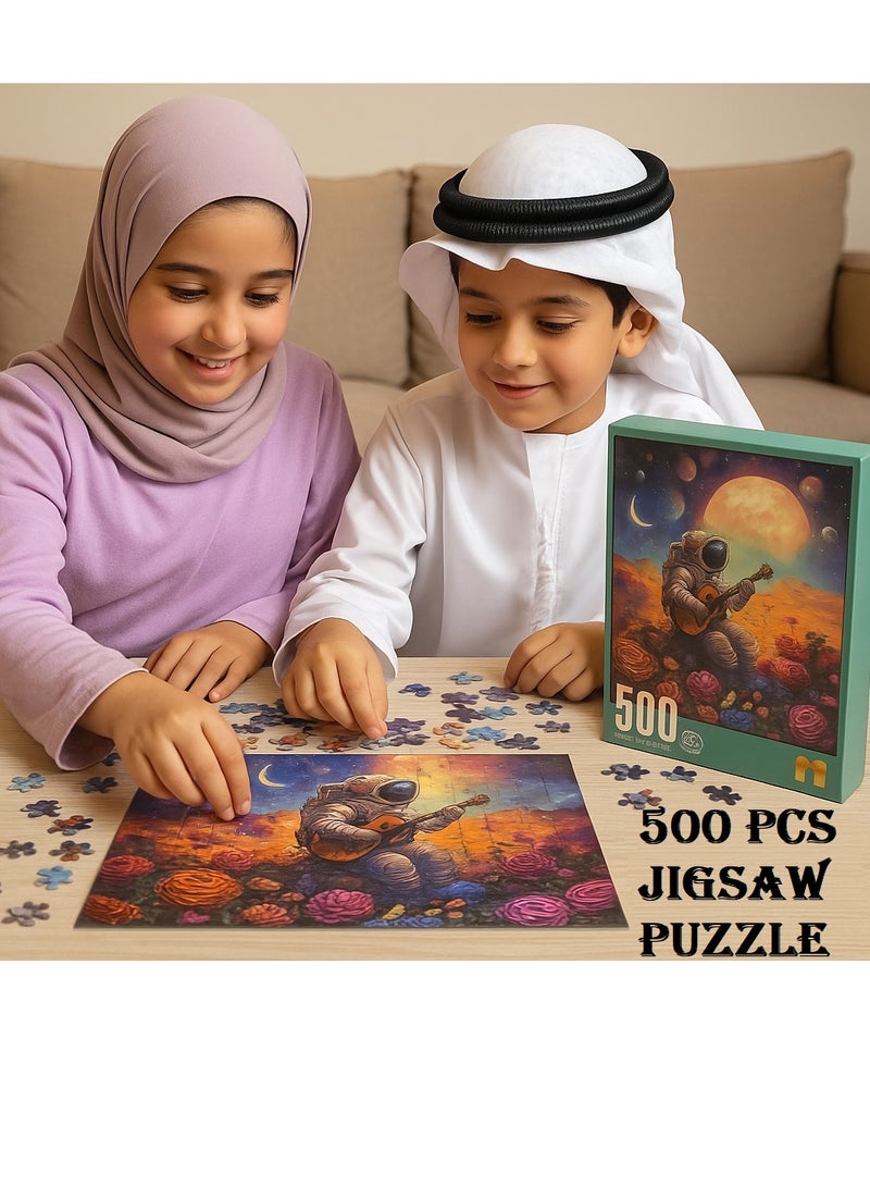 DECOR SOUQ 500 Piece Jigsaw Puzzle for Adults & Teens – Space Astronaut Playing Guitar Design – 50x36cm Premium Quality Cardboard Puzzle – Brain Teaser Art Puzzle for Home, Travel and Gifts – Stress Relief & Fun Indoor Game – Colorful Galaxy Landscape Scene – Unique Educational Puzzle Toy for Focus & Patience – Ideal Birthday Gift for Men, Women, Boys & Girls – Artistic Decorative Puzzle for Framing – High Precision Cut Pieces – Mindfulness Activity – Limited Stock  - Image 1