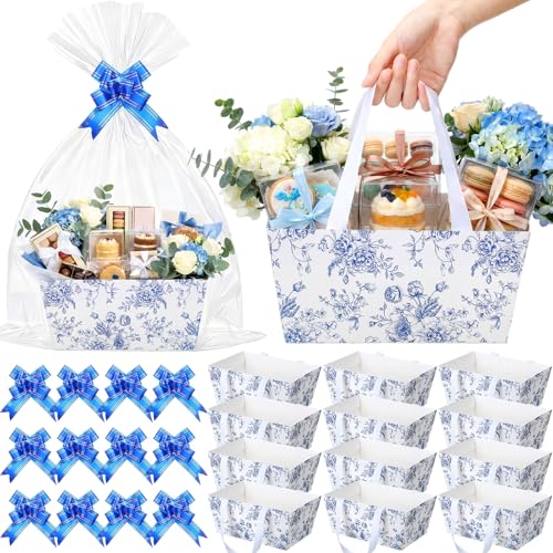 Funnymoom 12 Pcs Wedding Black Basket for Gifts Empty with Cellophane Bag & Ribbon Bow Classic Novel Black Wrapping Gift Basket for Summer Graduation Halloween Birthday Party Favor Supplies 9.8x6.5'' - Image 1