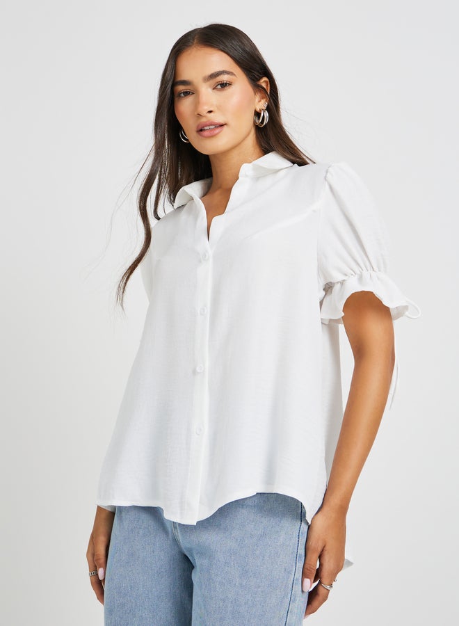 Styli Puff Sleeve Linen Curved Hem Shirt  - Image 1