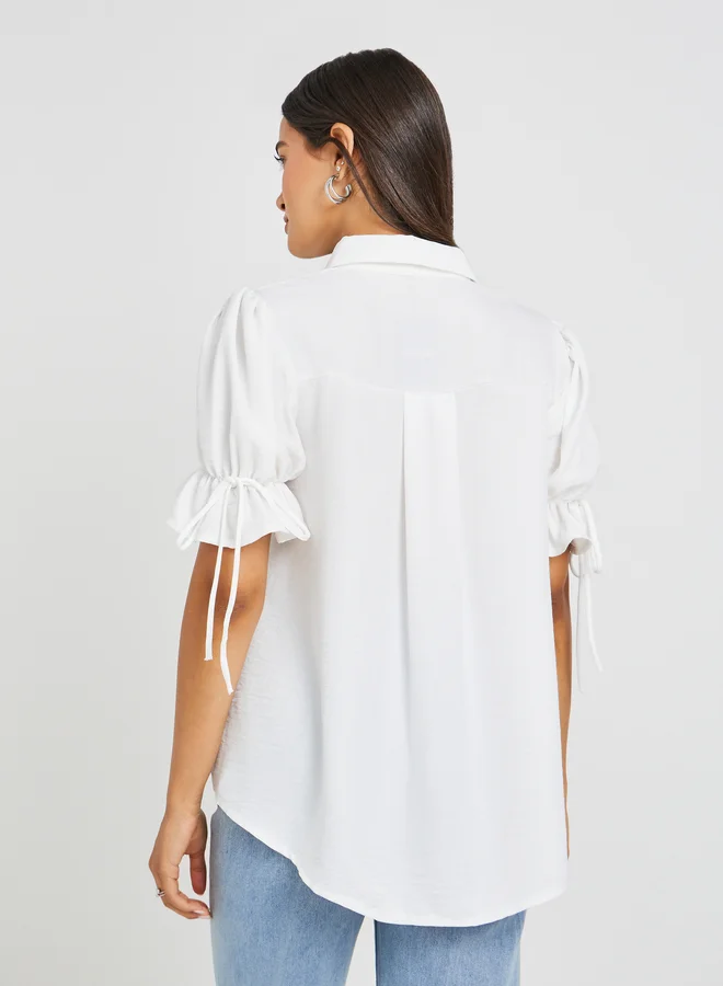 Styli Puff Sleeve Linen Curved Hem Shirt