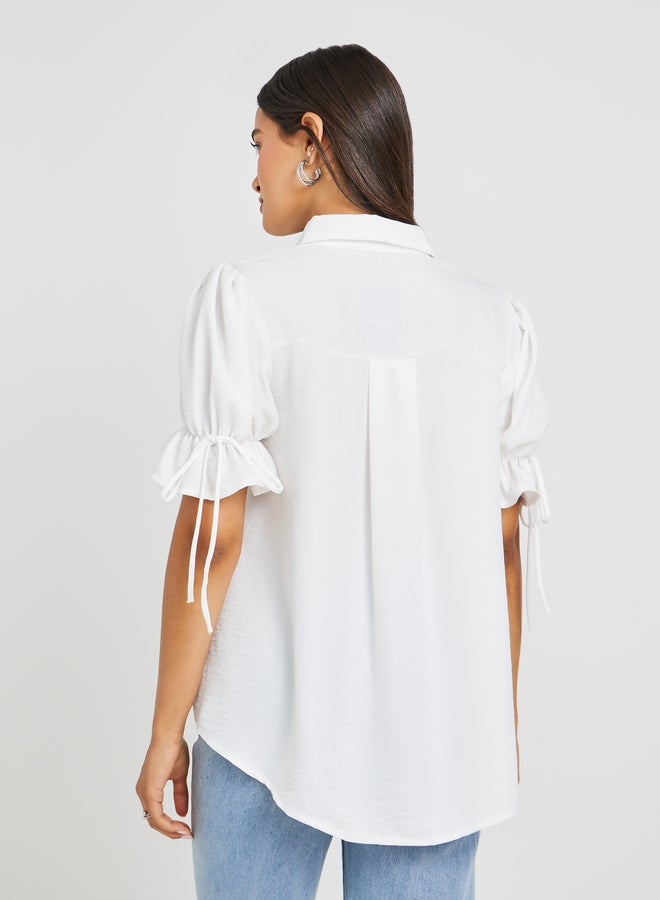 Styli Puff Sleeve Linen Curved Hem Shirt  - Image 4