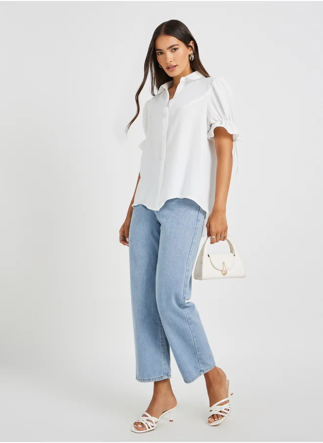 Styli Puff Sleeve Linen Curved Hem Shirt