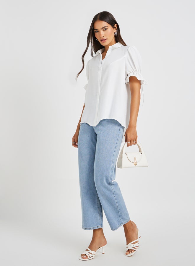 Styli Puff Sleeve Linen Curved Hem Shirt  - Image 2