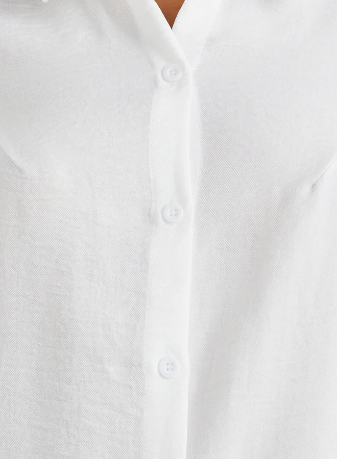 Styli Puff Sleeve Linen Curved Hem Shirt