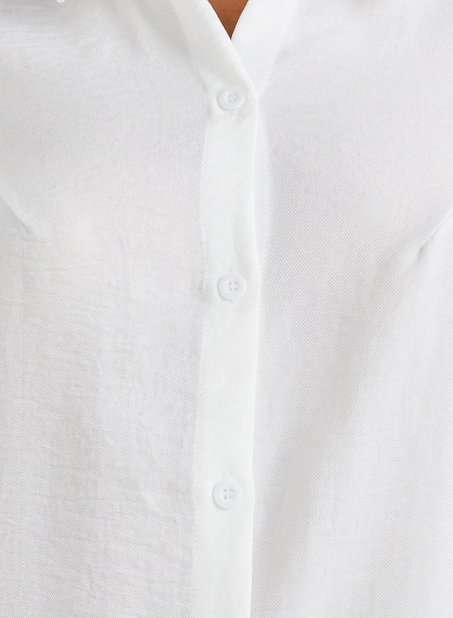 Styli Puff Sleeve Linen Curved Hem Shirt  - Image 3