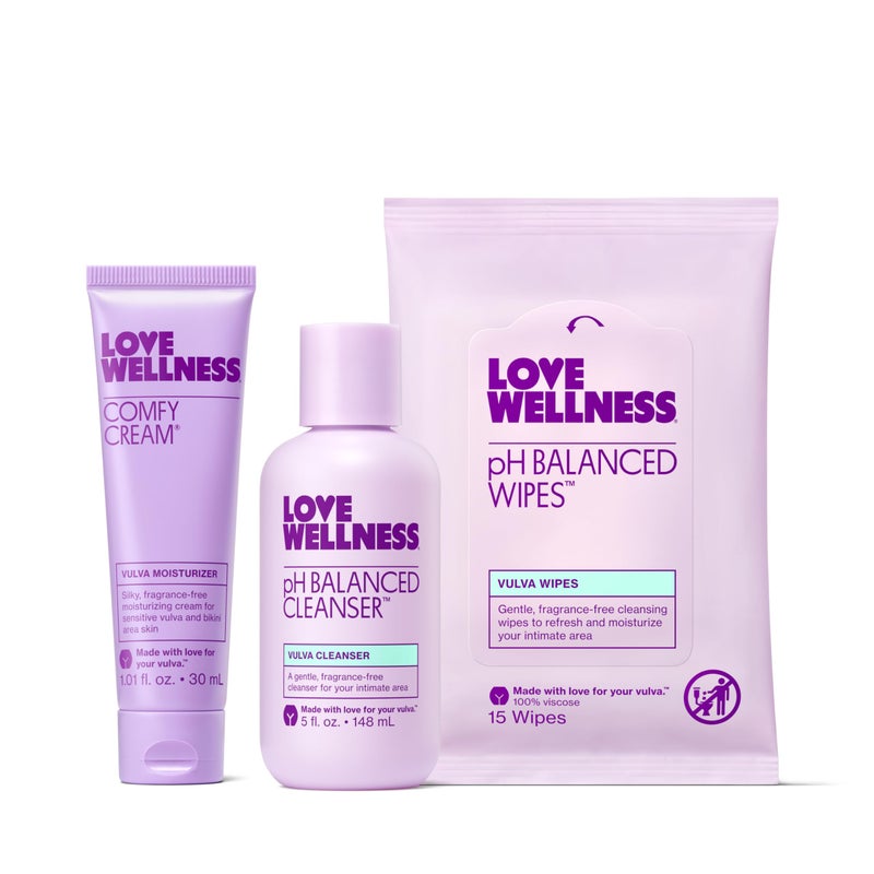 Love Wellness مجموعة حب العافية للعناية بالبشرة في المنطقة الحساسة | منظف متوازن لطيف لدرجة الحموضة، كريم مرطب مريح ومناديل منعشة | رعاية أنثوية لتوازن درجة الحموضة، الفرج الجاف والحساس | خالي من العطور - Image 1