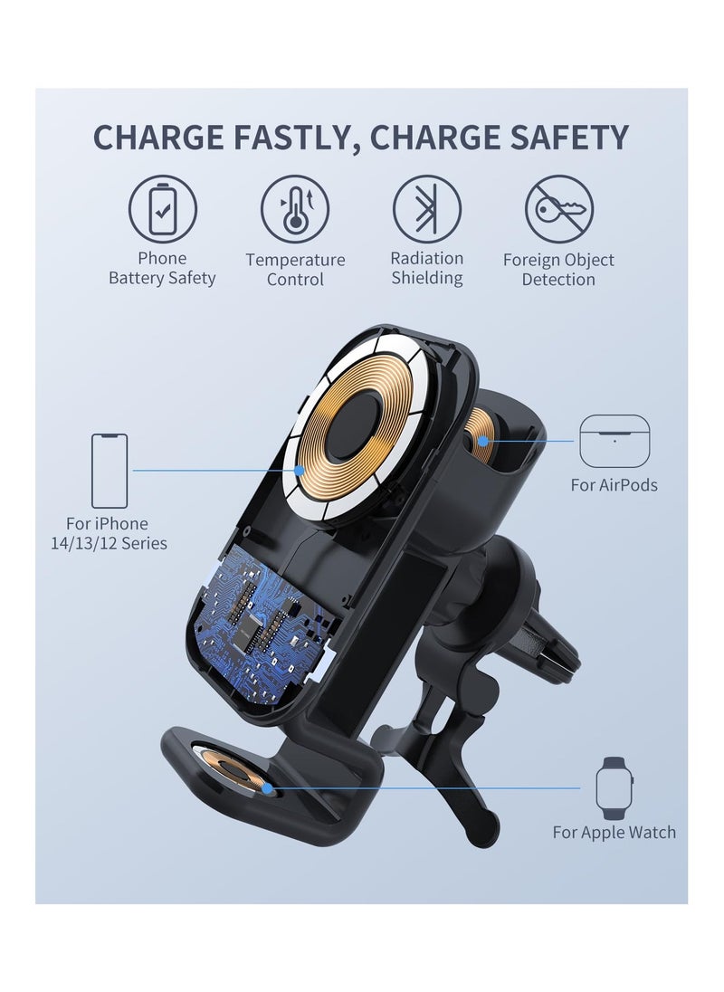 SYOSI - Car Charger, 3 in 1 Wireless Magnetic Charger Car Mount, Fit for Compatible iPhones, Samsung Phones, Apple Watch, AirPods, Fast Charging Car Dock, 360 Rotation, Dashboard or Air Vent Attachment - Image 1