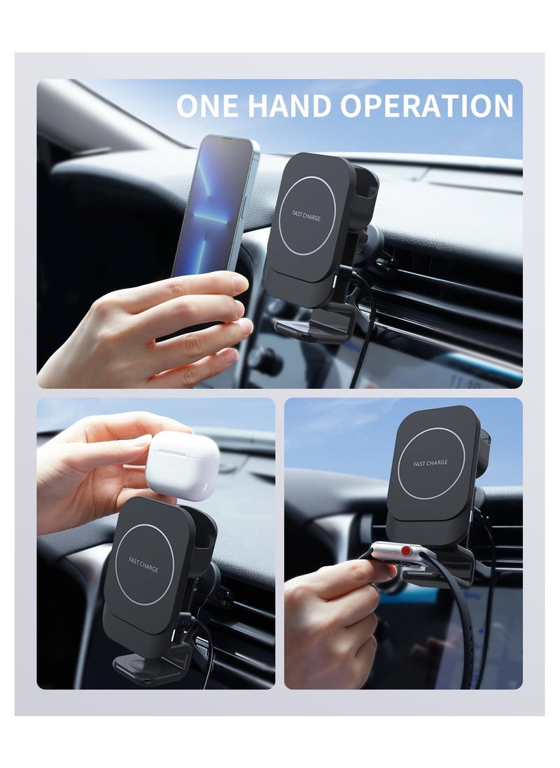 SYOSI - Car Charger, 3 in 1 Wireless Magnetic Charger Car Mount, Fit for Compatible iPhones, Samsung Phones, Apple Watch, AirPods, Fast Charging Car Dock, 360 Rotation, Dashboard or Air Vent Attachment - Image 1