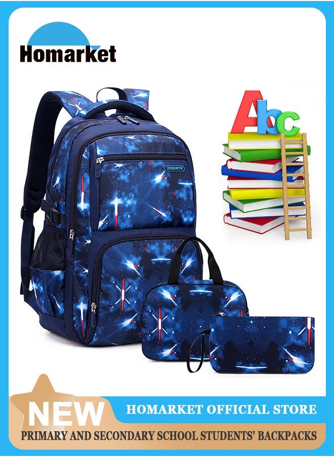 HomarKet - 3PCS Backpacks  Set for Primary Junior School Backpack with Lunch Box Pencil Case Large Galaxy-print Durable Bookbags Lightweight Travel Backpack Set for Boys Girls - Image 1