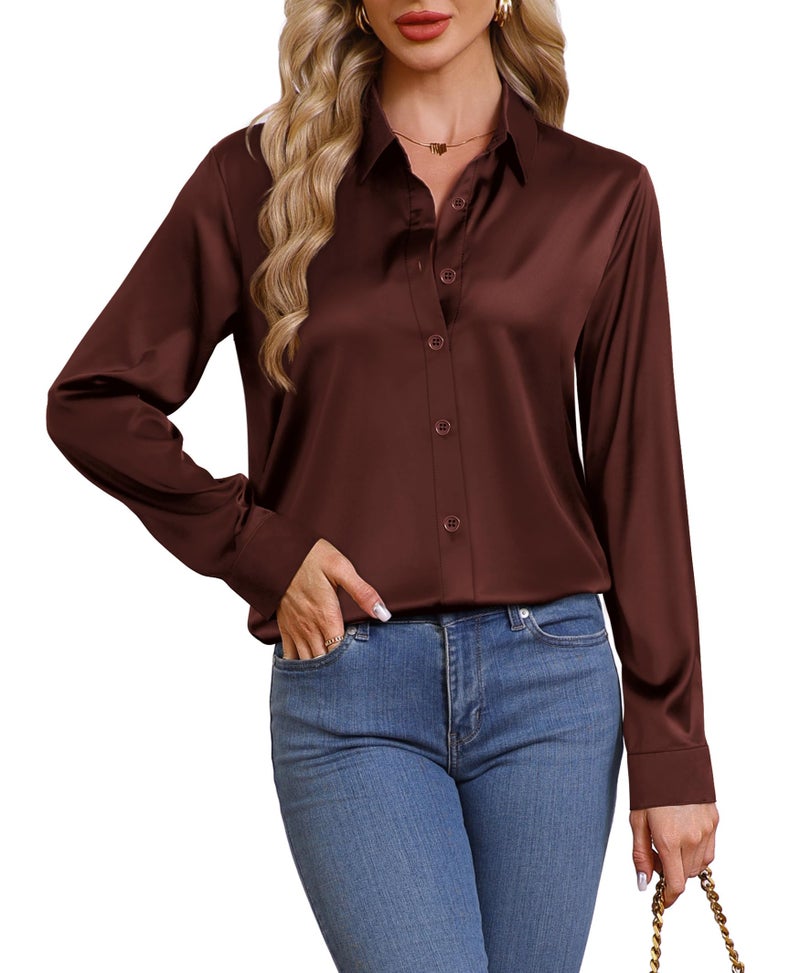 OFEEFAN Womens Button Down Shirts Silk Blouses Business Casual Fashion Outfit Beach Vacation Clothes Resort Wear Cruise Sparkly Satin Tops Coffee XL - Image 3
