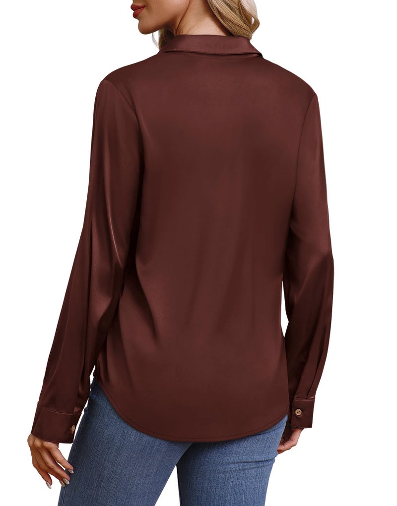 OFEEFAN Womens Button Down Shirts Silk Blouses Business Casual Fashion Outfit Beach Vacation Clothes Resort Wear Cruise Sparkly Satin Tops Coffee XL - Image 5