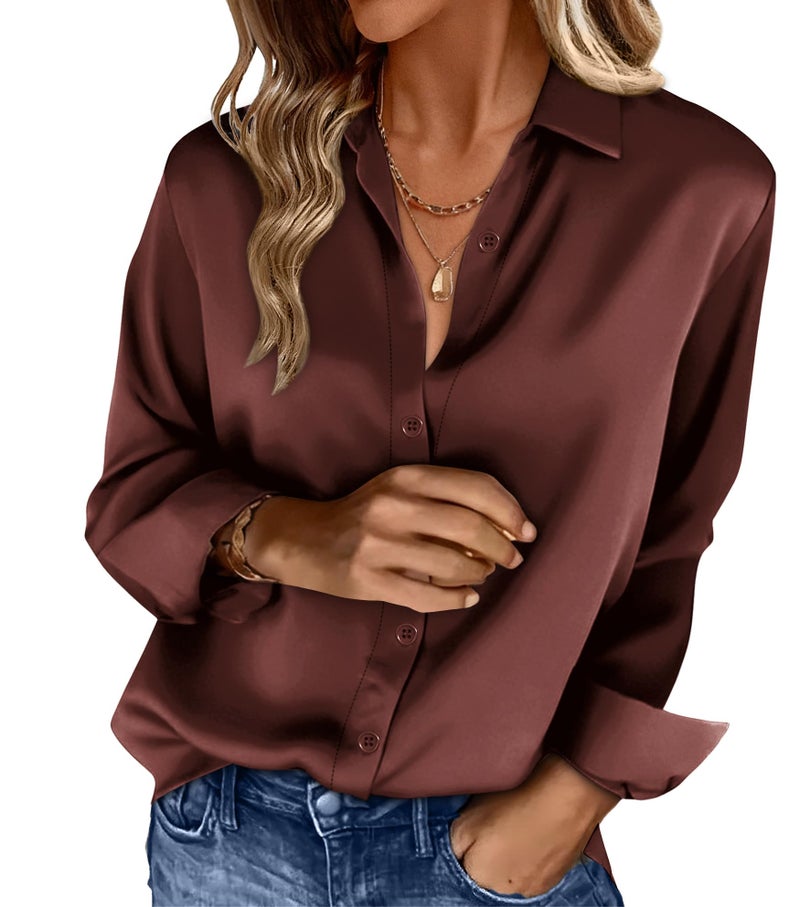 OFEEFAN Womens Button Down Shirts Silk Blouses Business Casual Fashion Outfit Beach Vacation Clothes Resort Wear Cruise Sparkly Satin Tops Coffee XL - Image 1
