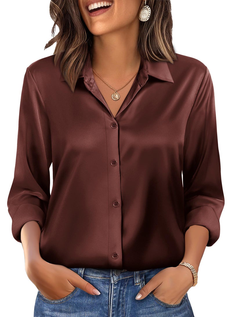 OFEEFAN Womens Button Down Shirts Silk Blouses Business Casual Fashion Outfit Beach Vacation Clothes Resort Wear Cruise Sparkly Satin Tops Coffee XL - Image 2