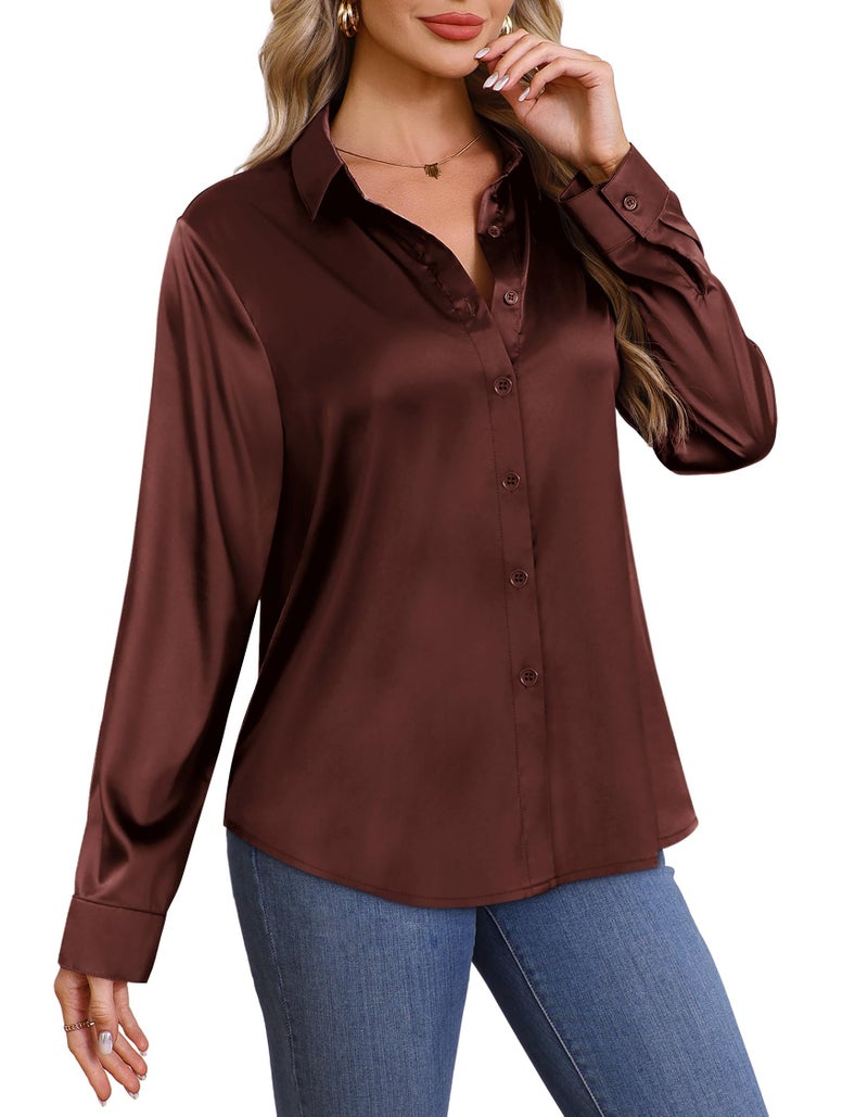 OFEEFAN Womens Button Down Shirts Silk Blouses Business Casual Fashion Outfit Beach Vacation Clothes Resort Wear Cruise Sparkly Satin Tops Coffee XL - Image 4