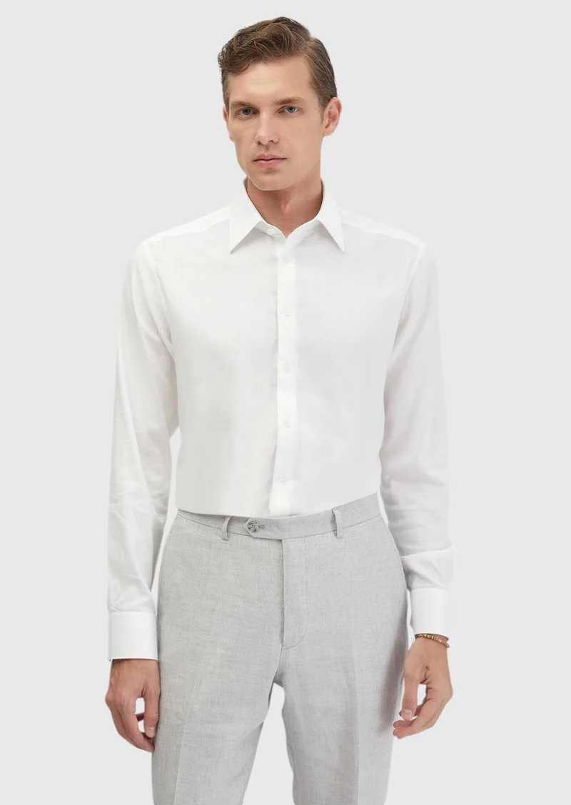 RAMSEY White Plain Regular Fit Long Weaving Classical Cotton Blended Shirt