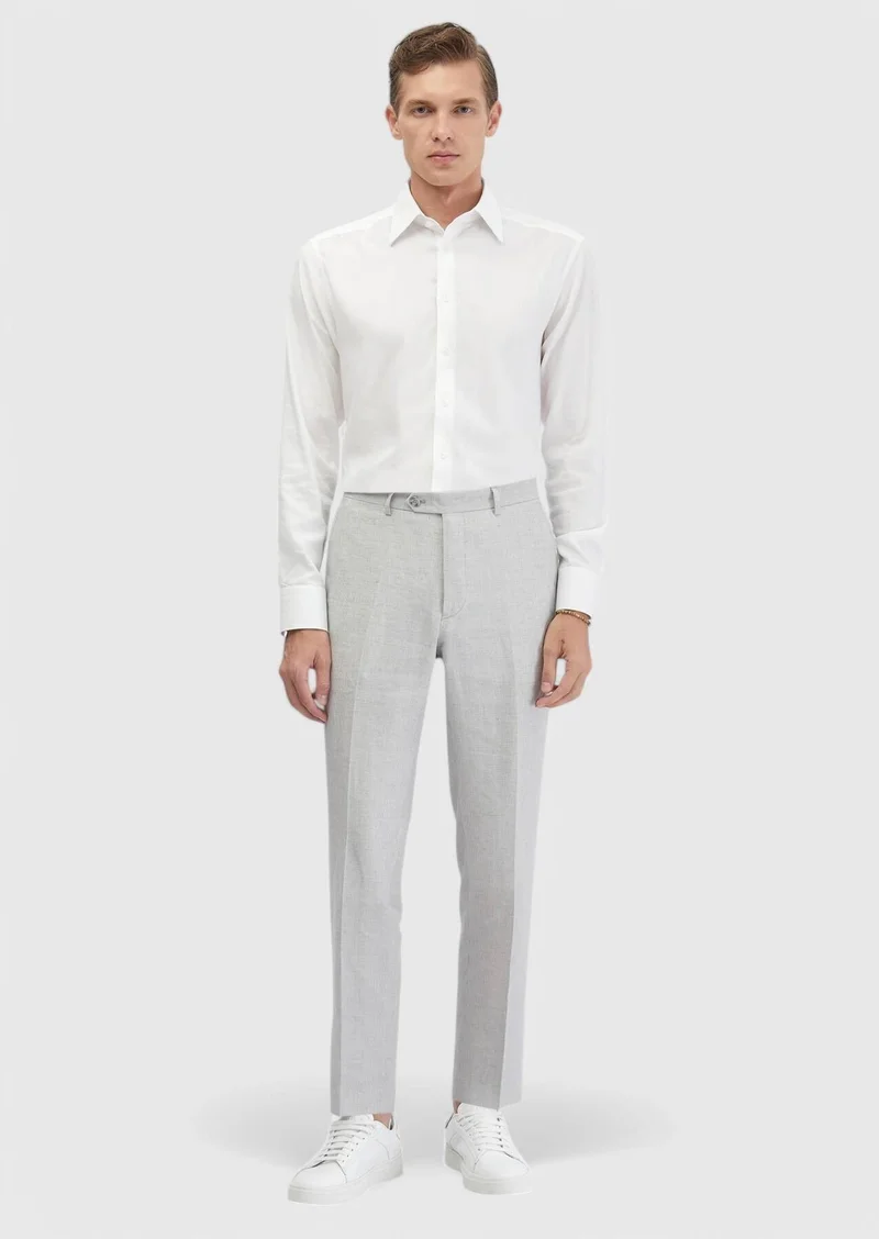 RAMSEY White Plain Regular Fit Long Weaving Classical Cotton Blended Shirt