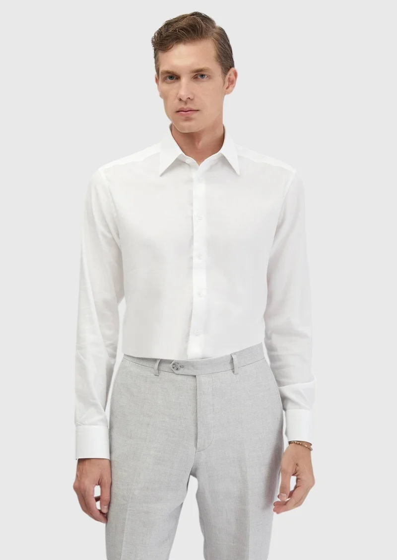 RAMSEY White Plain Regular Fit Long Weaving Classical Cotton Blended Shirt