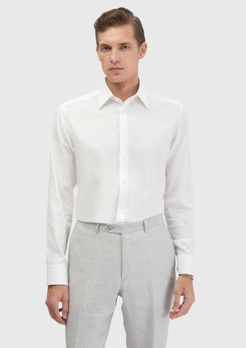 RAMSEY White Plain Regular Fit Long Weaving Classical Cotton Blended Shirt - Image 2