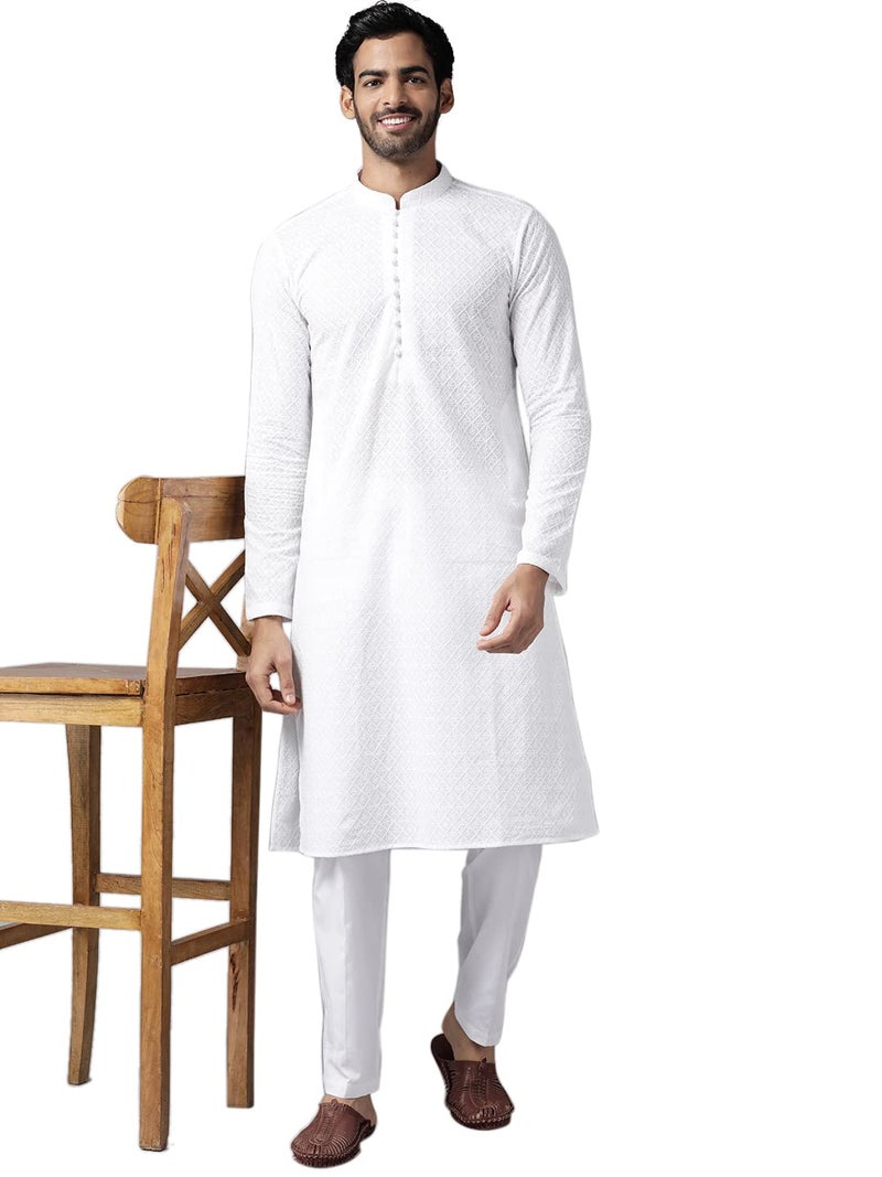See Designs Mens Kurta |White Cotton Embroidered Mandarin Collar Chikankari Kurta | SDKT1093S - Image 5
