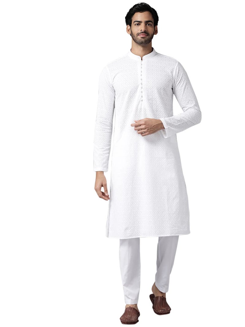 See Designs Mens Kurta |White Cotton Embroidered Mandarin Collar Chikankari Kurta | SDKT1093S - Image 1