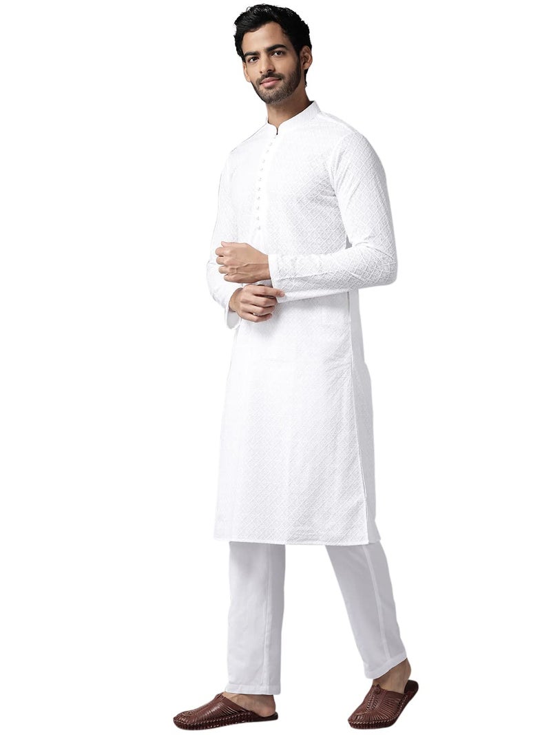 See Designs Mens Kurta |White Cotton Embroidered Mandarin Collar Chikankari Kurta | SDKT1093S - Image 3